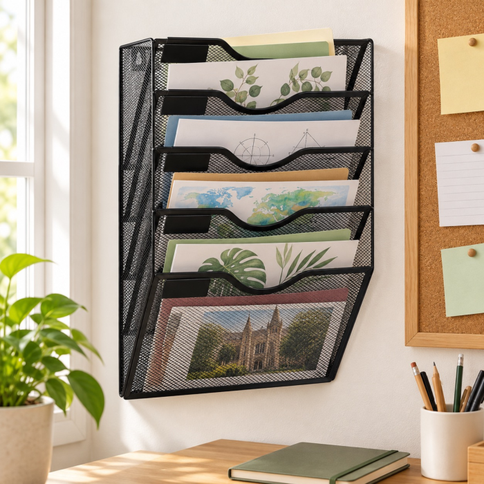 Organizator documente A4 VarioShop®, de perete, 5 compartimente, spatii pentru etichete, plasa metalica, 32,5 x 41,5 x 10,5 cm, negru [8]