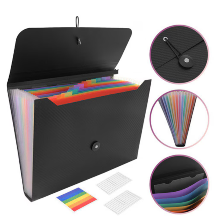 Organizator documente A4 VarioShop®, tip acordeon, 13 compartimente, etichete pentru organizare, inchidere cu elastic, material impermeabil, negru [3]