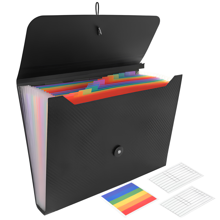 Organizator documente A4 VarioShop®, tip acordeon, 13 compartimente, etichete pentru organizare, inchidere cu elastic, material impermeabil, negru [8]