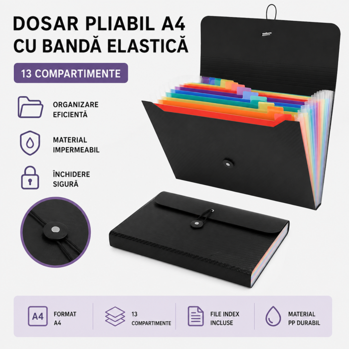 Organizator documente A4 VarioShop®, tip acordeon, 13 compartimente, etichete pentru organizare, inchidere cu elastic, material impermeabil, negru [2]