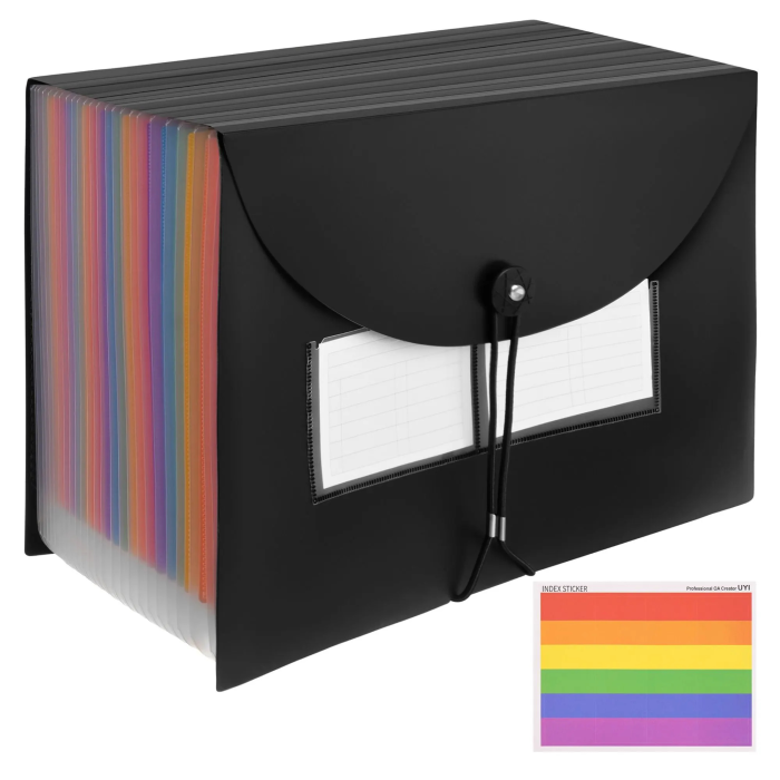 Organizator documente A4 VarioShop®, tip acordeon, 24 compartimente, etichete pentru organizare, inchidere cu elastic, material PP impermeabil, 24,5 x 33 x 4-14 cm, negru [11]