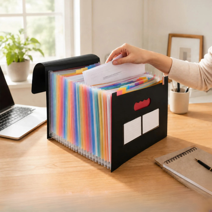 Organizator documente A4 VarioShop®, tip acordeon, 24 compartimente, etichete pentru organizare, inchidere cu elastic, material PP impermeabil, 24,5 x 33 x 4-14 cm, negru [10]