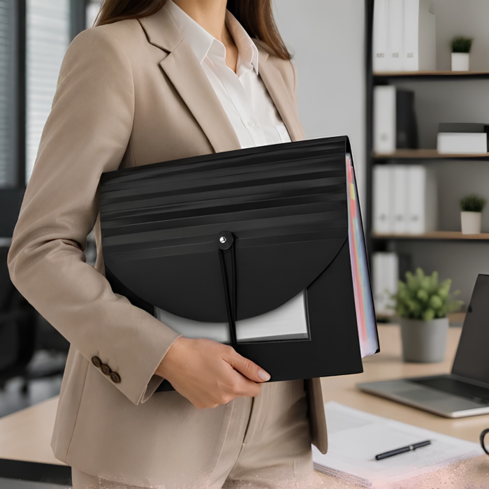 Organizator documente A4 VarioShop®, tip acordeon, 24 compartimente, etichete pentru organizare, inchidere cu elastic, material PP impermeabil, 24,5 x 33 x 4-14 cm, negru [6]