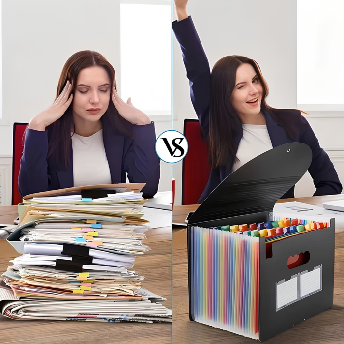 Organizator documente A4 VarioShop®, tip acordeon, 24 compartimente, etichete pentru organizare, inchidere cu elastic, material PP impermeabil, 24,5 x 33 x 4-14 cm, negru [5]