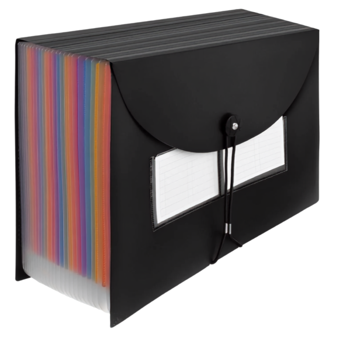 Organizator documente A4 VarioShop®, tip acordeon, 24 compartimente, etichete pentru organizare, inchidere cu elastic, material PP impermeabil, 24,5 x 33 x 4-14 cm, negru [12]