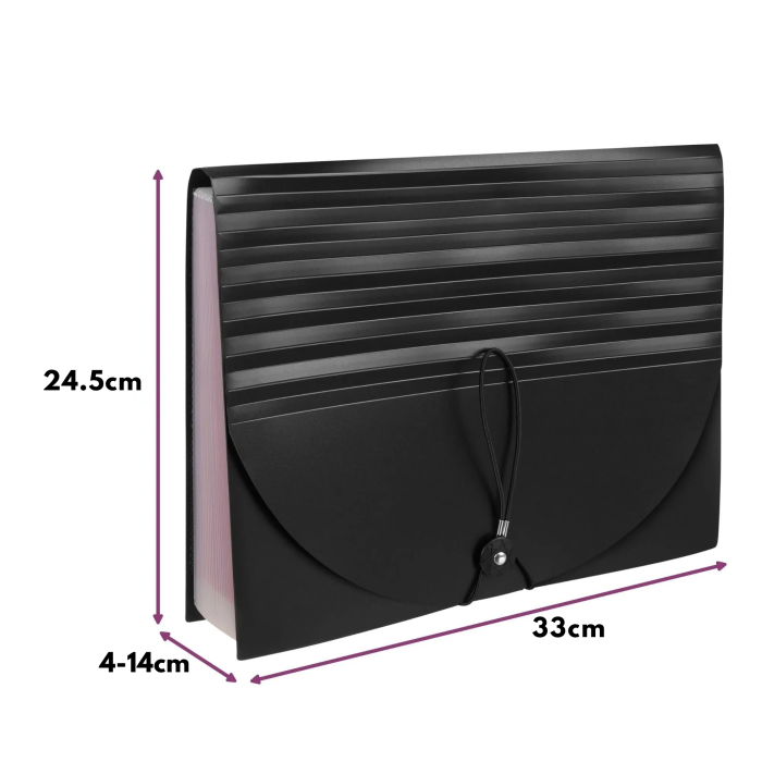 Organizator documente A4 VarioShop®, tip acordeon, 24 compartimente, etichete pentru organizare, inchidere cu elastic, material PP impermeabil, 24,5 x 33 x 4-14 cm, negru [4]
