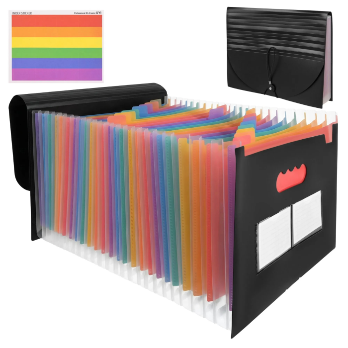 Organizator documente A4 VarioShop®, tip acordeon, 24 compartimente, etichete pentru organizare, inchidere cu elastic, material PP impermeabil, 24,5 x 33 x 4-14 cm, negru [9]