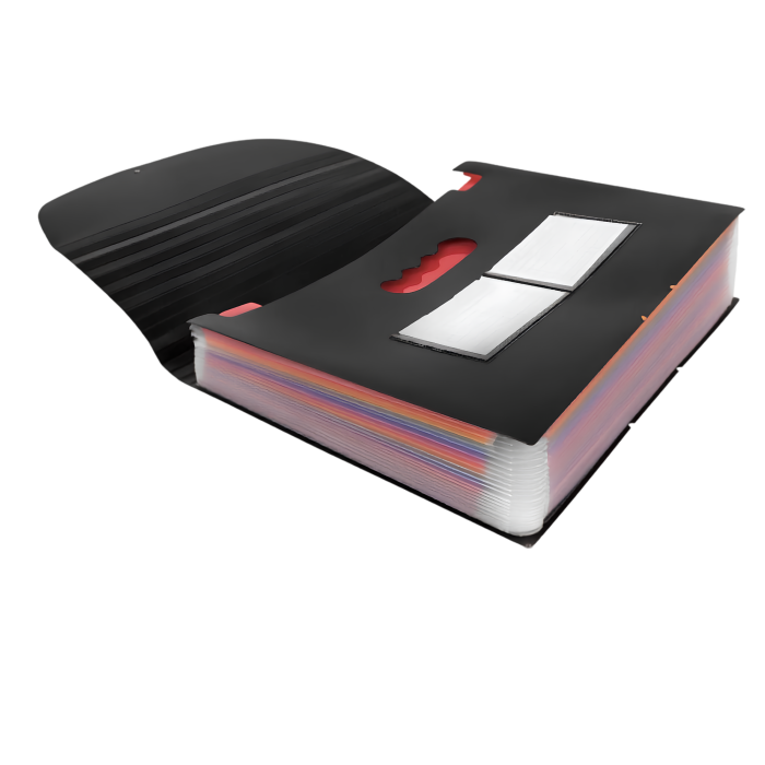 Organizator documente A4 VarioShop®, tip acordeon, 24 compartimente, etichete pentru organizare, inchidere cu elastic, material PP impermeabil, 24,5 x 33 x 4-14 cm, negru [14]