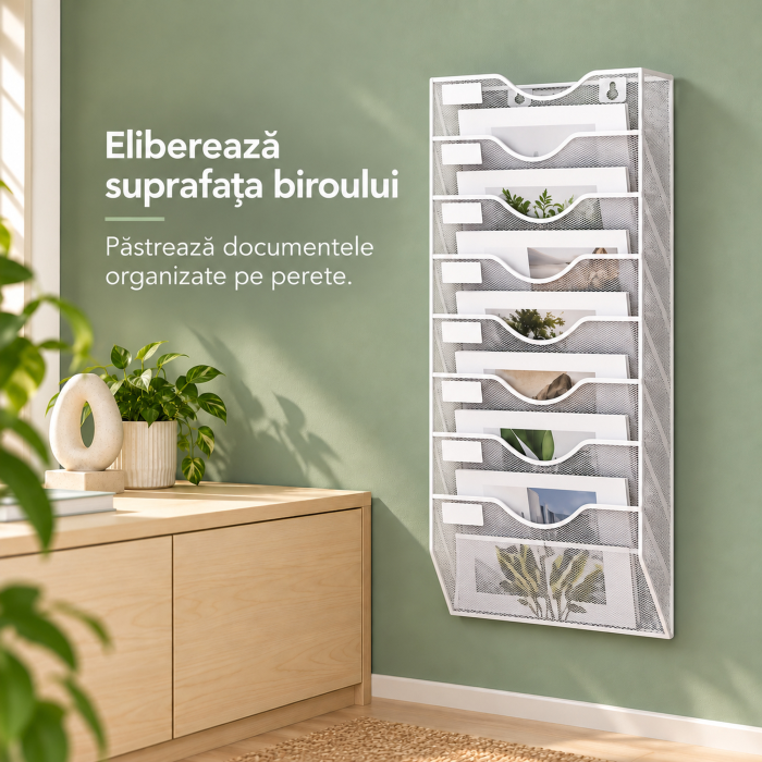 Organizator documente de perete VarioShop®, 8 compartimente A4, spatii pentru etichete, plasa metalica, accesorii montaj incluse, 64 x 31,5 x 9 cm, alb [8]