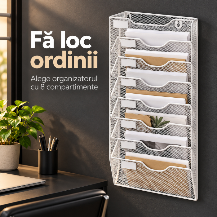 Organizator documente de perete VarioShop®, 8 compartimente A4, spatii pentru etichete, plasa metalica, accesorii montaj incluse, 64 x 31,5 x 9 cm, alb [2]