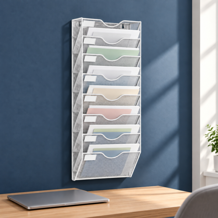 Organizator documente de perete VarioShop®, 8 compartimente A4, spatii pentru etichete, plasa metalica, accesorii montaj incluse, 64 x 31,5 x 9 cm, alb [7]