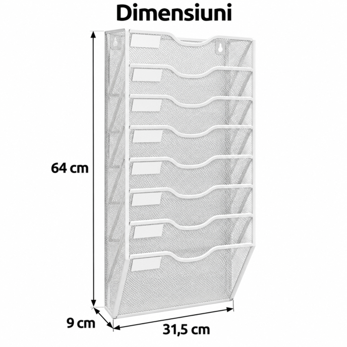 Organizator documente de perete VarioShop®, 8 compartimente A4, spatii pentru etichete, plasa metalica, accesorii montaj incluse, 64 x 31,5 x 9 cm, alb [5]