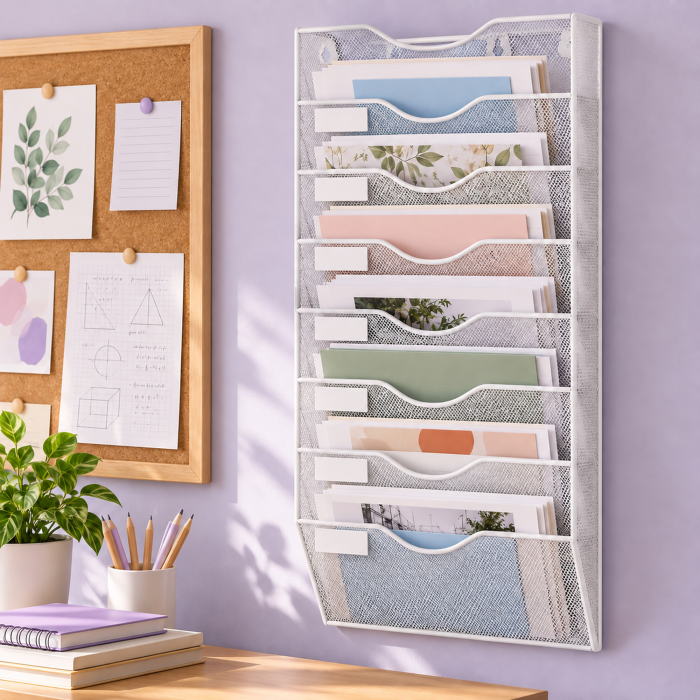 Organizator documente de perete VarioShop®, 8 compartimente A4, spatii pentru etichete, plasa metalica, accesorii montaj incluse, 64 x 31,5 x 9 cm, alb [4]
