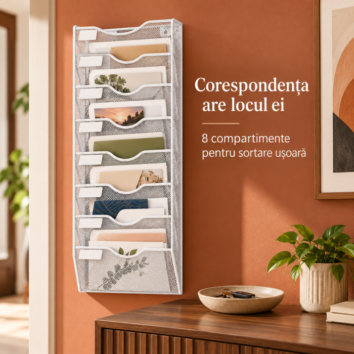 Organizator documente de perete VarioShop®, 8 compartimente A4, spatii pentru etichete, plasa metalica, accesorii montaj incluse, 64 x 31,5 x 9 cm, alb [6]