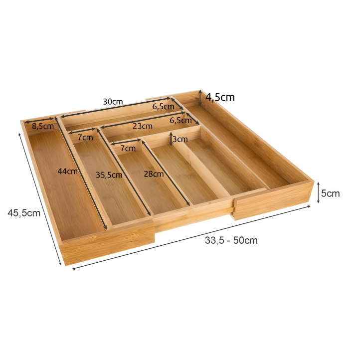 Organizator extensibil pentru tacamuri, ustensile bucatarie VarioShop® din bambus si MDF pentru sertar de bucatarie, 6–8 compartimente, reglabil 33,5–50 cm, natur [5]