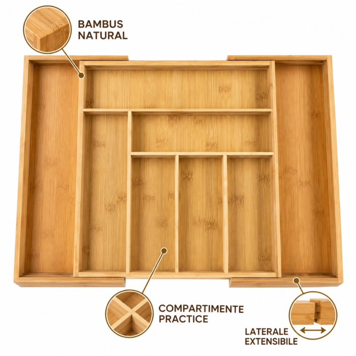 Organizator extensibil pentru tacamuri, ustensile bucatarie VarioShop® din bambus si MDF pentru sertar de bucatarie, 6–8 compartimente, reglabil 33,5–50 cm, natur [8]