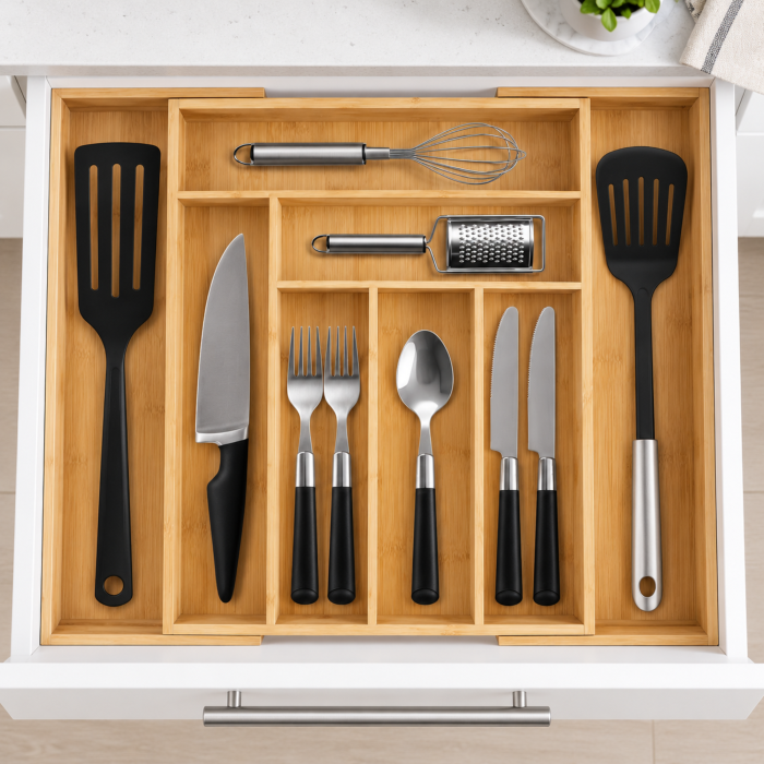 Organizator extensibil pentru tacamuri, ustensile bucatarie VarioShop® din bambus si MDF pentru sertar de bucatarie, 6–8 compartimente, reglabil 33,5–50 cm, natur [9]