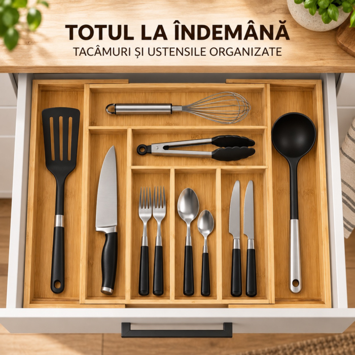 Organizator extensibil pentru tacamuri, ustensile bucatarie VarioShop® din bambus si MDF pentru sertar de bucatarie, 6–8 compartimente, reglabil 33,5–50 cm, natur [2]
