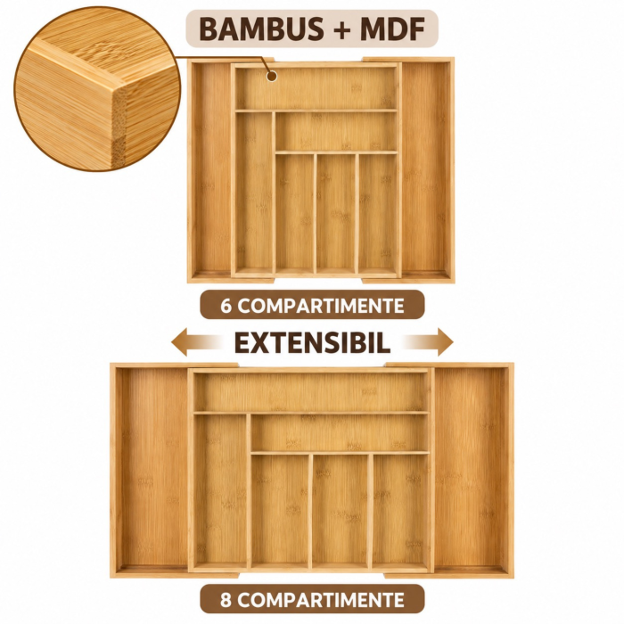 Organizator extensibil pentru tacamuri, ustensile bucatarie VarioShop® din bambus si MDF pentru sertar de bucatarie, 6–8 compartimente, reglabil 33,5–50 cm, natur [7]