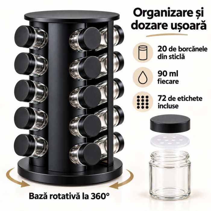 Organizator pentru condimente VarioShop®, cu 20 de borcane din sticla de 90 ml, suport rotativ 360°, 72 de etichete incluse, design compact, 19,5 x 19,5 x 34 cm, negru mat [7]