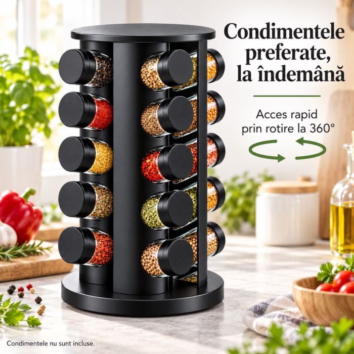 Organizator pentru condimente VarioShop®, cu 20 de borcane din sticla de 90 ml, suport rotativ 360°, 72 de etichete incluse, design compact, 19,5 x 19,5 x 34 cm, negru mat [2]