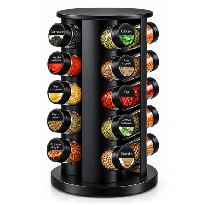 Organizator pentru condimente VarioShop®, cu 20 de borcane din sticla de 90 ml, suport rotativ 360°, 72 de etichete incluse, design compact, 19,5 x 19,5 x 34 cm, negru mat [3]
