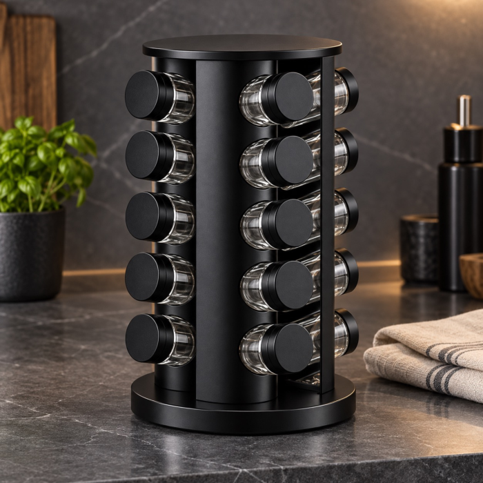 Organizator pentru condimente VarioShop®, cu 20 de borcane din sticla de 90 ml, suport rotativ 360°, 72 de etichete incluse, design compact, 19,5 x 19,5 x 34 cm, negru mat [6]