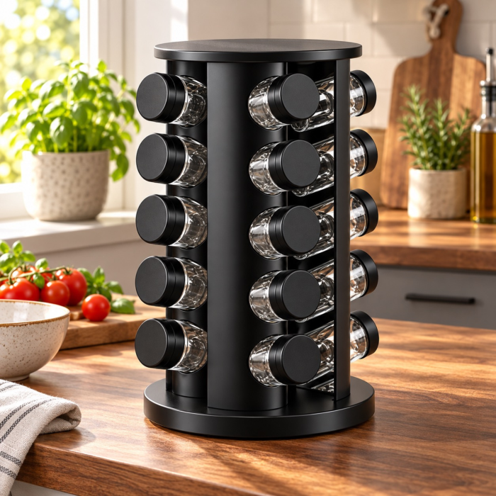 Organizator pentru condimente VarioShop®, cu 20 de borcane din sticla de 90 ml, suport rotativ 360°, 72 de etichete incluse, design compact, 19,5 x 19,5 x 34 cm, negru mat [9]