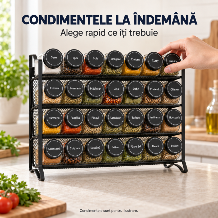 Organizator pentru condimente VarioShop®, cu 28 borcane din sticla, suport orizontal pentru perete, 4 niveluri, autocolante incluse, design compact, 35.5 x 27 x 23 cm [7]