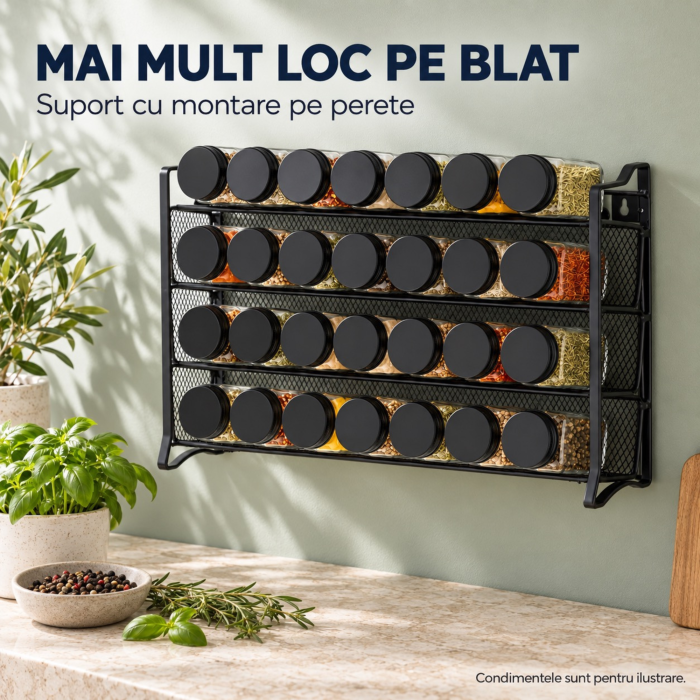 Organizator pentru condimente VarioShop®, cu 28 borcane din sticla, suport orizontal pentru perete, 4 niveluri, autocolante incluse, design compact, 35.5 x 27 x 23 cm [5]