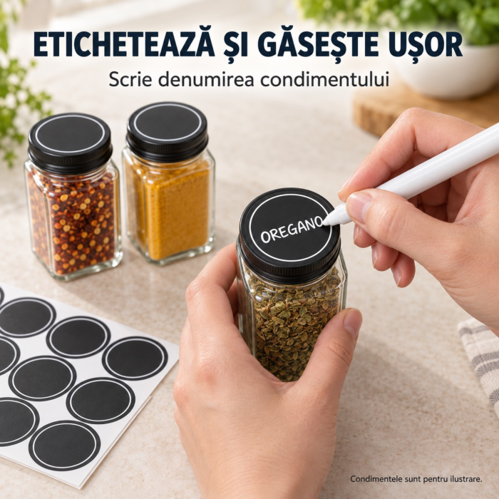 Organizator pentru condimente VarioShop®, cu 28 borcane din sticla, suport orizontal pentru perete, 4 niveluri, autocolante incluse, design compact, 35.5 x 27 x 23 cm [8]