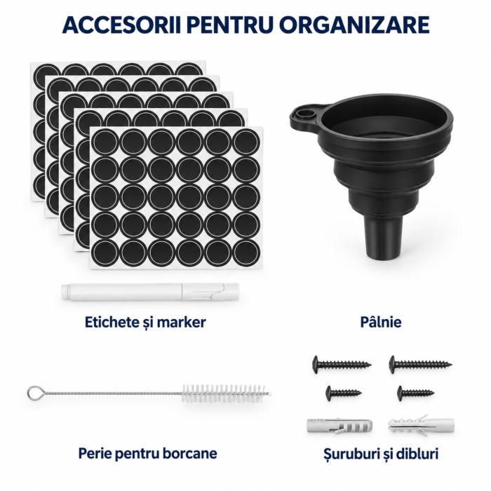 Organizator pentru condimente VarioShop®, cu 28 borcane din sticla, suport orizontal pentru perete, 4 niveluri, autocolante incluse, design compact, 35.5 x 27 x 23 cm [2]