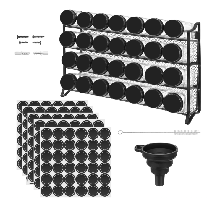 Organizator pentru condimente VarioShop®, cu 28 borcane din sticla, suport orizontal pentru perete, 4 niveluri, autocolante incluse, design compact, 35.5 x 27 x 23 cm [10]