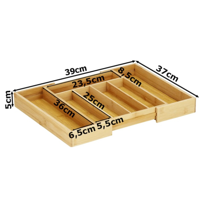 Organizator pentru tacamuri din bambus VarioShop®, 7 compartimente, extensibil, ergonomic, aspect estetic, usor de curatat, lemn, 23.5/39 x 37 cm, Crem [5]