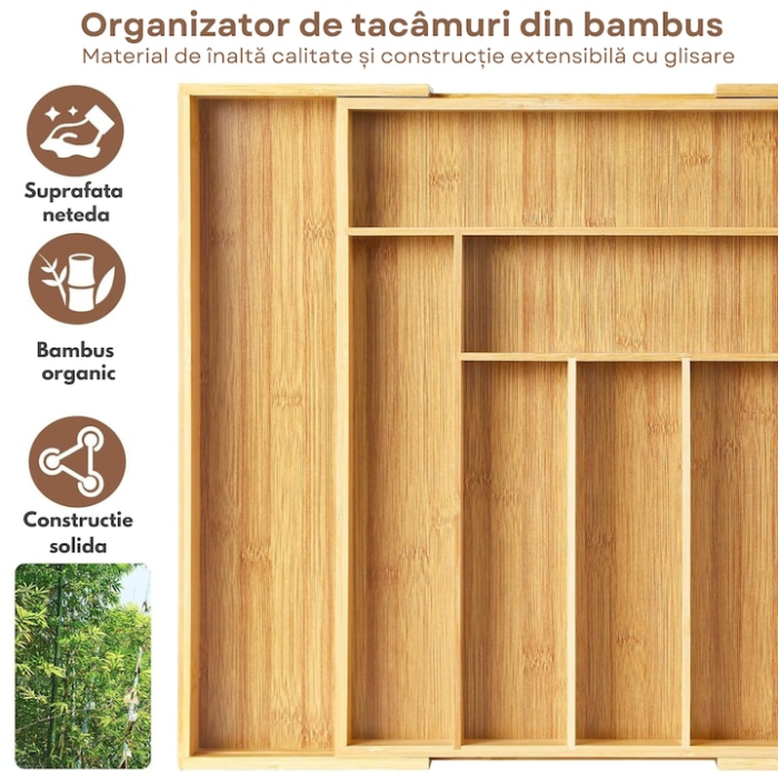 Organizator pentru tacamuri din bambus VarioShop®, 8 compartimente, extensibil, ergonomic, aspect estetic, usor de curatat, lemn, 27.5/43.5 x 45.5 cm, Crem [4]