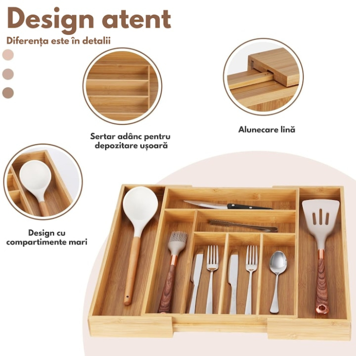Organizator pentru tacamuri din bambus VarioShop®, 8 compartimente, extensibil, ergonomic, aspect estetic, usor de curatat, lemn, 27.5/43.5 x 45.5 cm, Crem [5]