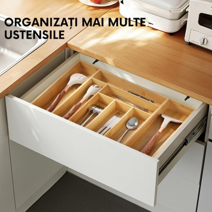 Organizator pentru tacamuri din bambus VarioShop®, 8 compartimente, extensibil, ergonomic, aspect estetic, usor de curatat, lemn, 27.5/43.5 x 45.5 cm, Crem [3]
