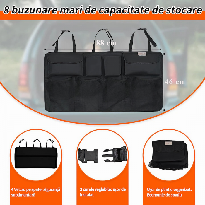 Organizator Portbagaj Auto VarioShop® - 8 Compartimente Spatioase, Usor de Montat si Spalat, Fabricat din Poliester Impermeabil Oxford, Dimensiuni 46 cm x 88 cm, Negru, Rezistent la Apa, Ideal pentru  [30]