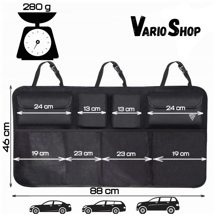 Organizator Portbagaj Auto VarioShop® - 8 Compartimente Spatioase, Usor de Montat si Spalat, Fabricat din Poliester Impermeabil Oxford, Dimensiuni 46 cm x 88 cm, Negru, Rezistent la Apa, Ideal pentru  [2]