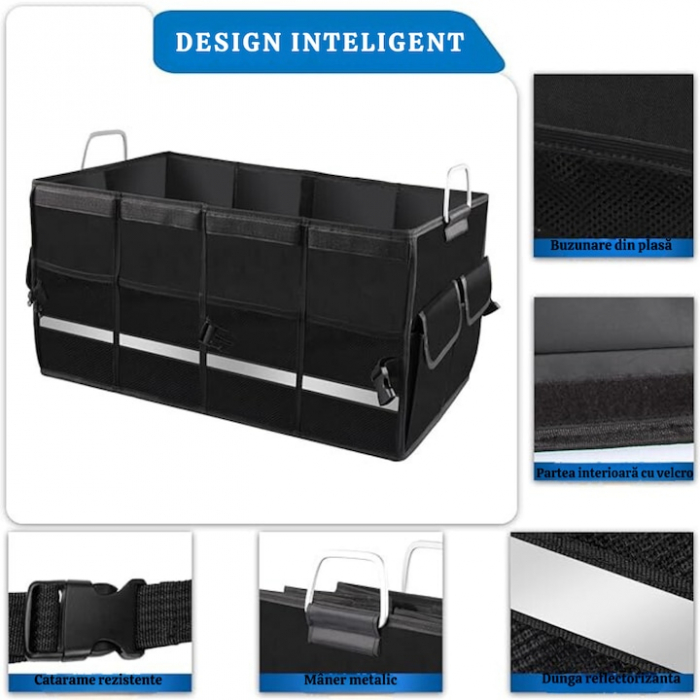 Organizator portbagaj auto VarioShop®, geanta multifunctionala, 3 compartimente, pliabil, impermeabil, capacitate 60L, banda reflectorizanta, material Oxford 1680D, 60 x 35 x 30 cm, Negru [8]