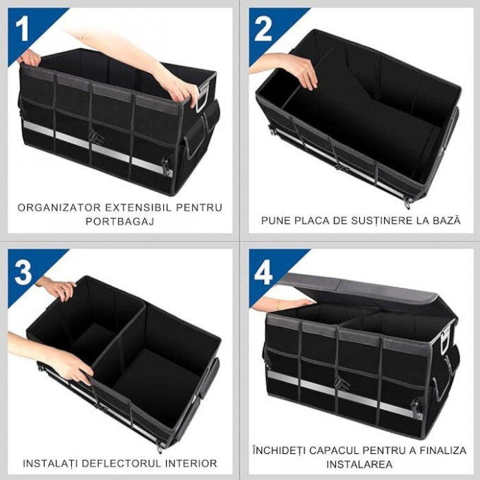 Organizator portbagaj auto VarioShop®, geanta multifunctionala, 3 compartimente, pliabil, impermeabil, capacitate 60L, banda reflectorizanta, material Oxford 1680D, 60 x 35 x 30 cm, Negru [7]