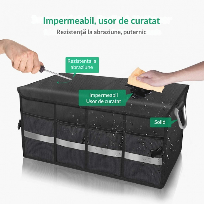 Organizator portbagaj auto VarioShop®, geanta multifunctionala, 3 compartimente, pliabil, impermeabil, capacitate 60L, banda reflectorizanta, material Oxford 1680D, 60 x 35 x 30 cm, Negru [4]
