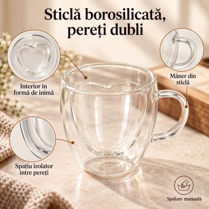 Cana termica cu pereti dubli VarioShop®, pentru cafea si ceai, forma inima, maner, sticla borosilicata, 240 ml, transparent [9]