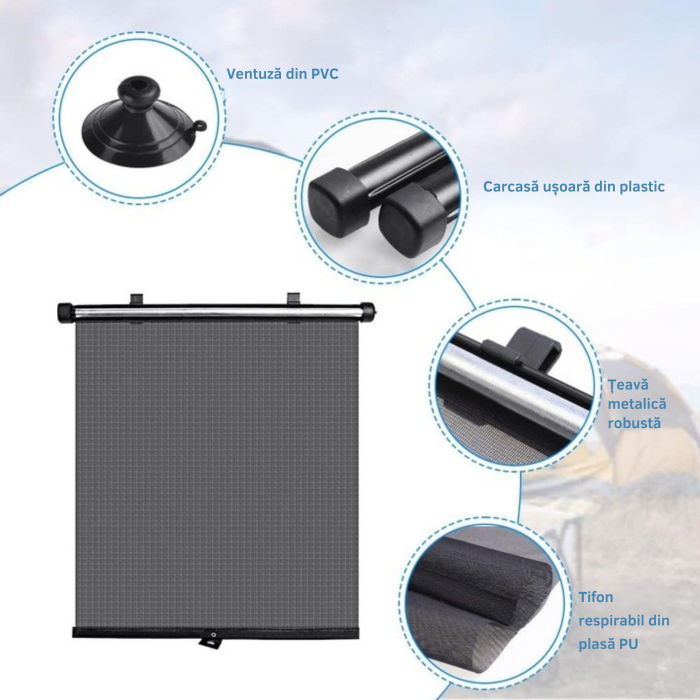 Parasolar auto rulabil VarioShop, set 2 buc, protectie UV, fixare cu ventuze si velcro, negru, pentru geam lateral [7]