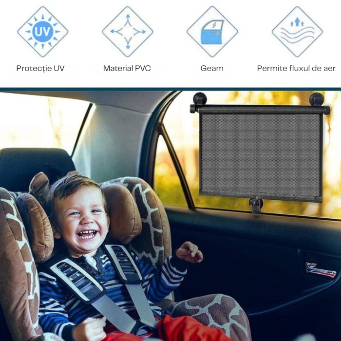 Parasolar auto rulabil VarioShop, set 2 buc, protectie UV, fixare cu ventuze si velcro, negru, pentru geam lateral [3]