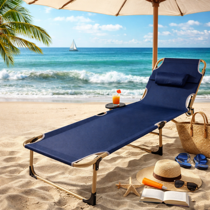 Pat de camping pliabil VarioShop®, cu cadru din otel, reglare spatar 4 pozitii, suport pana la 120 kg, material Oxford rezistent, perna inclusa, usor de transportat [2]