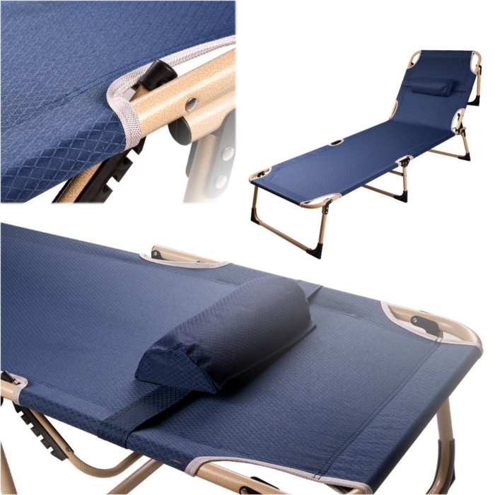 Pat de camping pliabil VarioShop®, cu cadru din otel, reglare spatar 4 pozitii, suport pana la 120 kg, material Oxford rezistent, perna inclusa, usor de transportat [7]