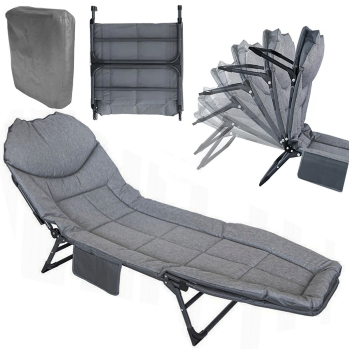 Pat de camping VarioShop, Reglabil, Buzunar depozitare, Pliabil, Sarcina maxima 120 kg, 190 x 65 x 28 cm, Gri [15]