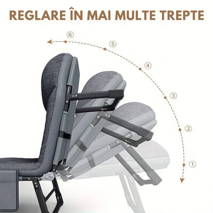 Pat de camping VarioShop, Reglabil, Buzunar depozitare, Pliabil, Sarcina maxima 120 kg, 190 x 65 x 28 cm, Gri [8]