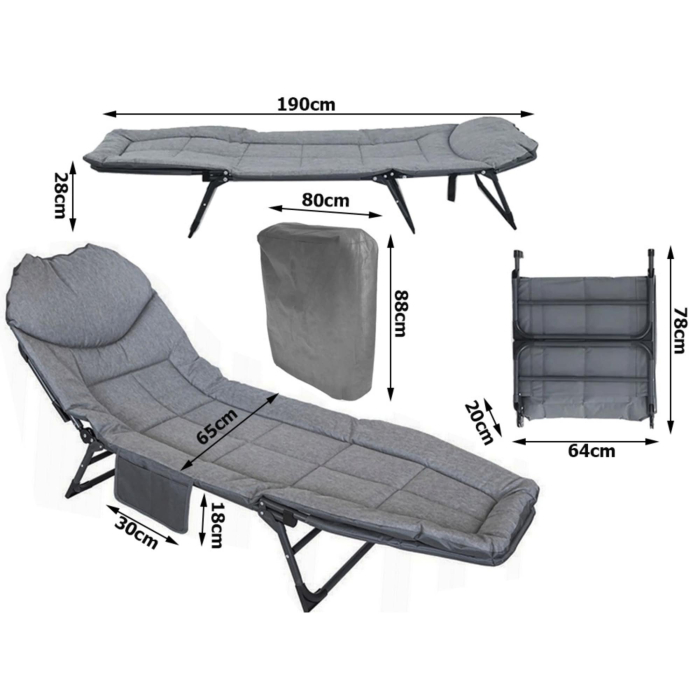 Pat de camping VarioShop, Reglabil, Buzunar depozitare, Pliabil, Sarcina maxima 120 kg, 190 x 65 x 28 cm, Gri [20]